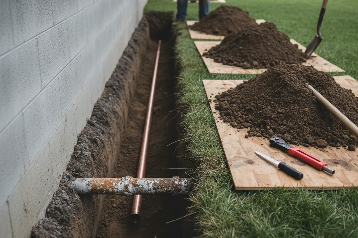 Excavated water line trench during Sewer Line Repair in Mexico Beach